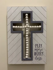 Mordern Farmhouse Rustic PRAY MORE WORRY LESS Wooden Beads Cross Plaque Decor