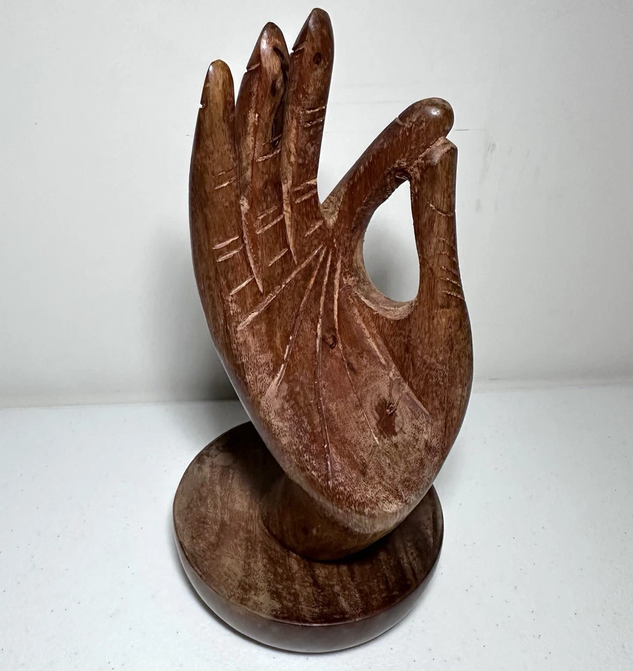 VTG Handmade Carved Dark Brown Wooden Hand | Buddha Vitarka Mudra | Rustic MCM - Image 2 of 4
