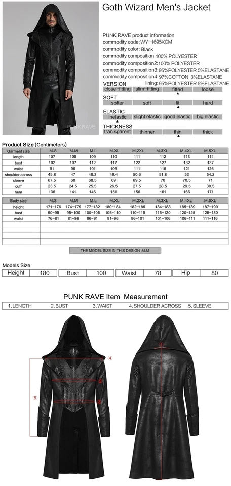 Punk Rave Negro Mago Gótico Para Hombre Chaqueta Con Capucha Cremallera Frontal Abrigo Largo De Colección Foto 4 de 4