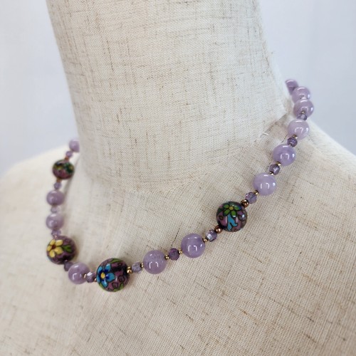 Vintage Amethyst Floral Round Cloisonne Beaded Strand Necklace 17" - Picture 2 of 10