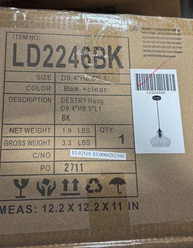 Living District Black Pendant Clear Glass Shade 1 Hanging Light - Destry Model - Picture 2 of 2