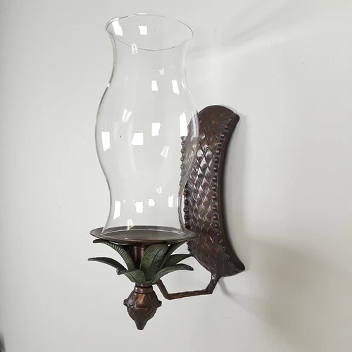 VTG Copper Pineapple Candle Holder Wall Sconce w Glass Chimney Hurricane Shade
