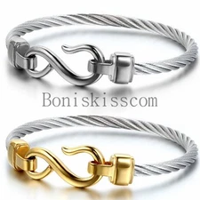 Love Infinity Symbol Charm Stainless Steel Cable Women's Cuff Bangle Bracelet