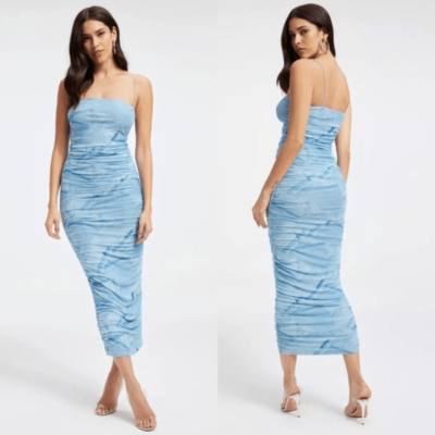 NWT Good American Midi Blue Dress Ruched Mesh Tank Cocktail Size 0 | eBay