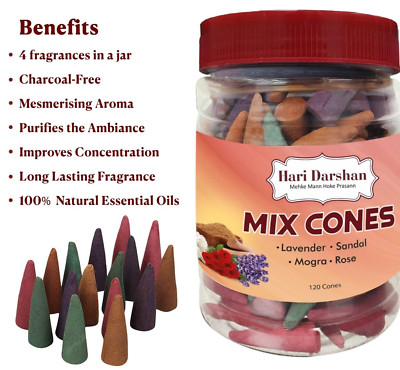 Hari Darshan Dry Dhoop Cones Mix - 120 Cones | Lavender | Rose | Sandal | Mogra