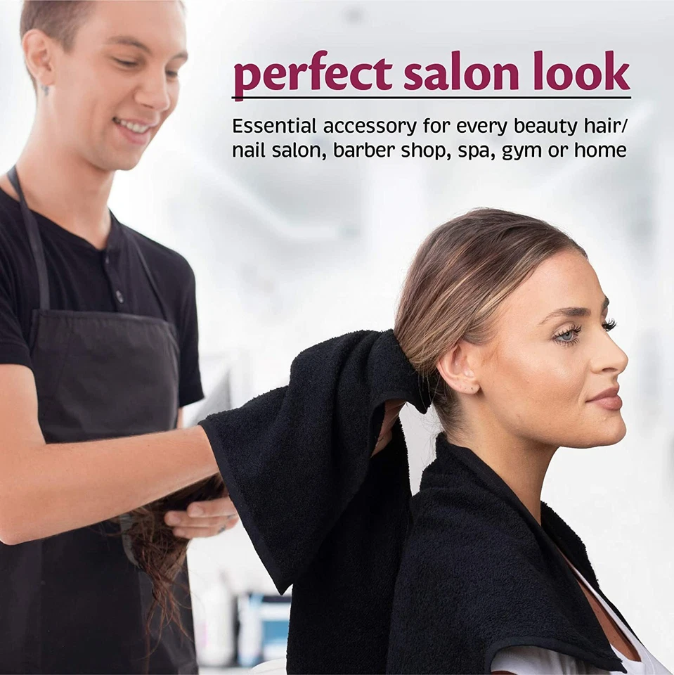 Paquete de 12 toallas de salón 100 % algodón toallas de spa negras en 16x27 pulgadas. Foto 3 de 4