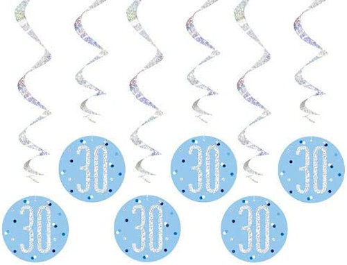 6 Blue 30th Birthday Glitz Hanging Swirls - Party Ceiling String Decoration - Picture 1 of 2