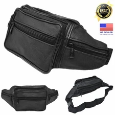 Black Genuine Leather Fanny Pack Multi Zippered Hip Waist Bag Carry Belt Purse
