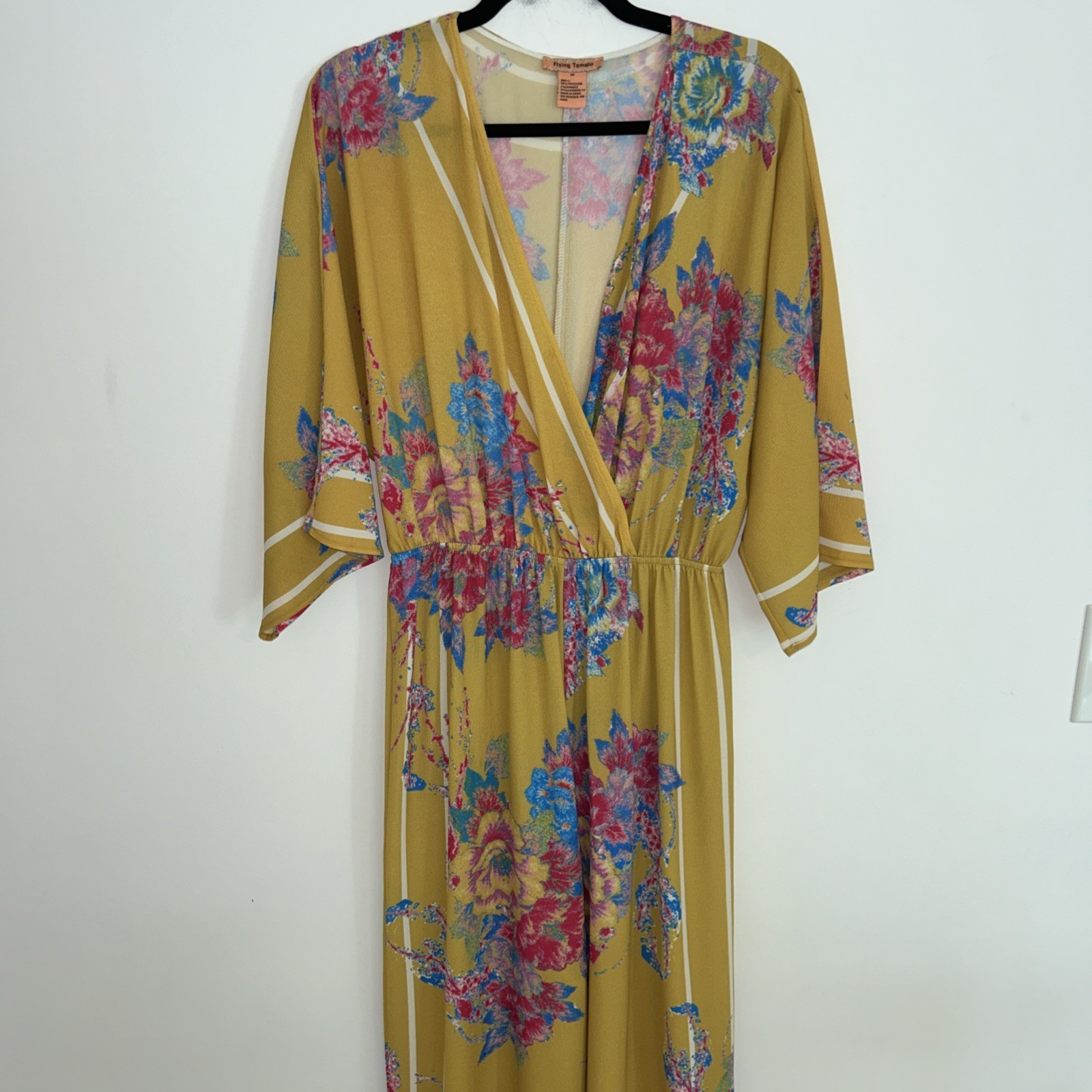 Flying Tomato Women's Wide Leg Jumpsuit 3/4 Sleeve Yellow Pink Floral Medium