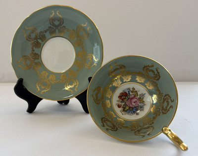 Aynsley Cabbage Rose Cup & Saucer Signed JA Bailey-Sage Green & Gold #1543