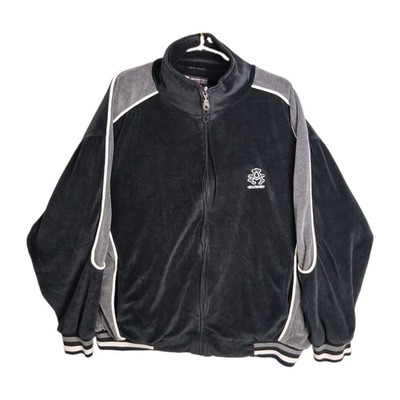 VTG Akademiks Velour Track Jacket Mens XL Black Gray Y2K Streetwear Full Zip Up