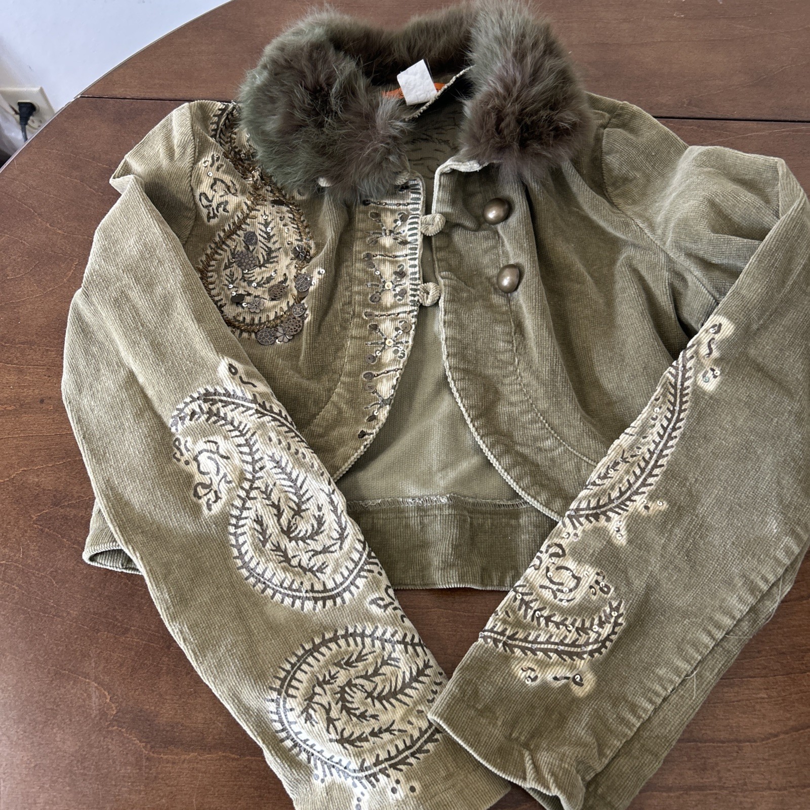 By Deep Los Angeles Y2K Jacket Green Fur Lined Neck Sz Md Handmade