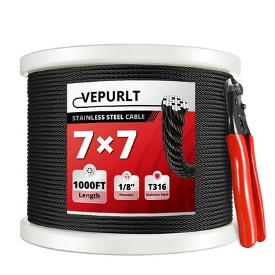1000FT 1/8'' Black Stainless Steel Cable, 7x7 Strands Wire Rope Aircraft Cable...
