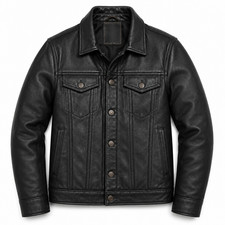 Men  s Black Genuine Cowhide Real Leather Motorcycle Biker Trucker Jacket Coat