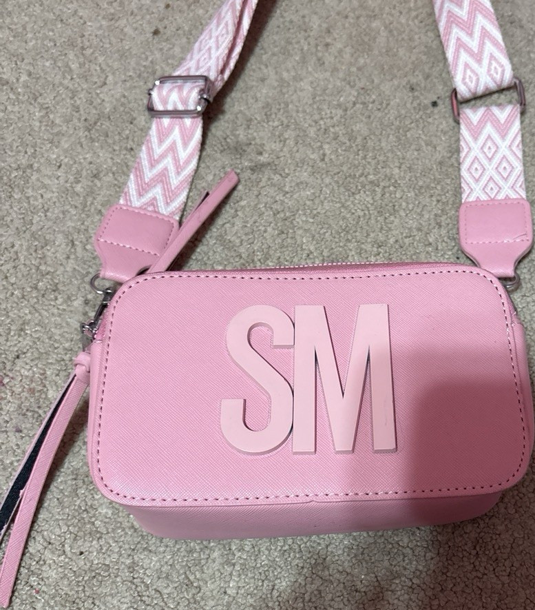 Steve Madden Pink Crossbody Bag Embossed Logo Adjustable Patterned Strap Zip