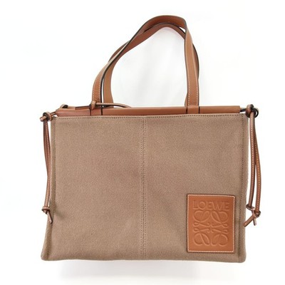 LOEWE Cushion Tote Small Brown Canvas Leather 32-43cm x 24cm x15.5cm used