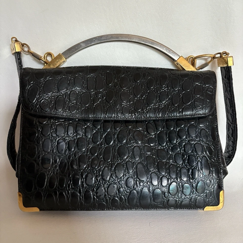 Bolso de mano vintage de cuero negro Koret de los años 50 - mango de metal tono plateado y dorado Foto 2 de 4
