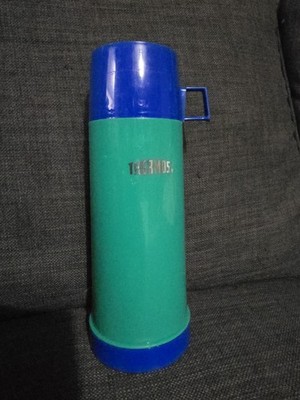 Vintage Thermoskanne 0,45L Made in England Blau Grün Reise Camping Staubsauger