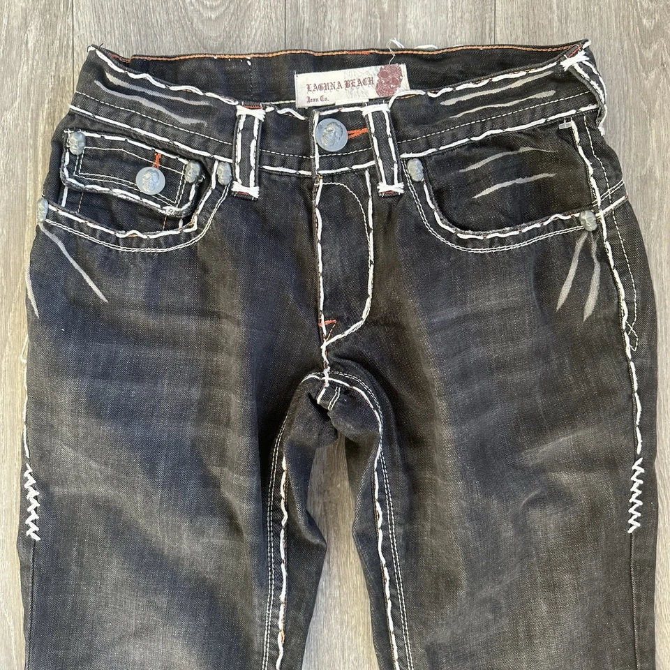 Vintage Laguna Beach Men’s Black Washed  Bootcut Jeans 32 Skulls Y2K Made In USA - Image 2 of 4