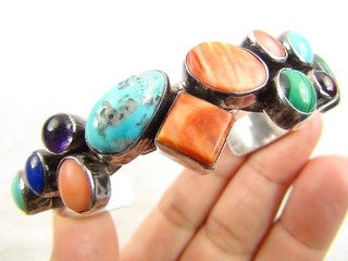 Navajo NAKAI HEAVY 57g 6 5/8" Stamped Sterling Multi Stones Cuff Bracelet Native