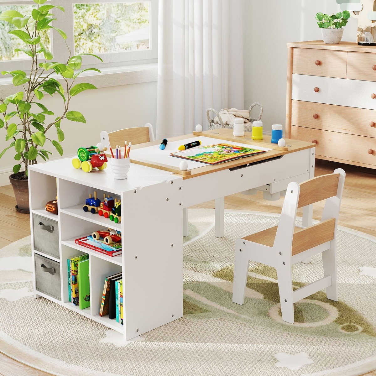 Kids Craft Table w/Flip-up Tabletop Storage Shelves-Natural