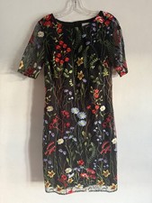 PER UNA BLACK MULTICOLOURED SHORT SLEEVE FLORAL EMBROIDERED MIDI DRESS SIZE:8