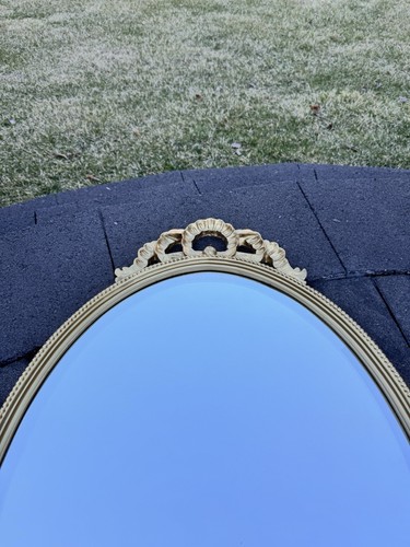 Hollywood Regency Gold Ornate Oval Wall Mirror with Beveled Glass 34x21” - Picture 11 of 13