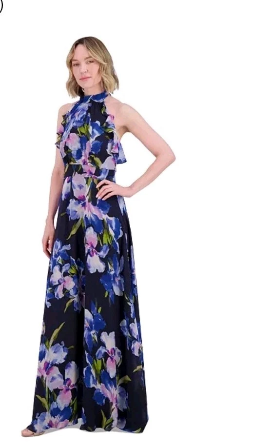 Eliza J Floral Halter Maxi Dress Size 8 – Navy Blue Multicolor Print, Lined, Tie - Image 3 of 4