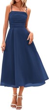 PrettyGarden Women's Spaghetti Strap Flowy Midi Dress w/ Pockets - Navy Blue - S