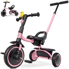 RIDYEE Foldable Toddler Tricycle 18 With Handlebar, Pink Push Handle