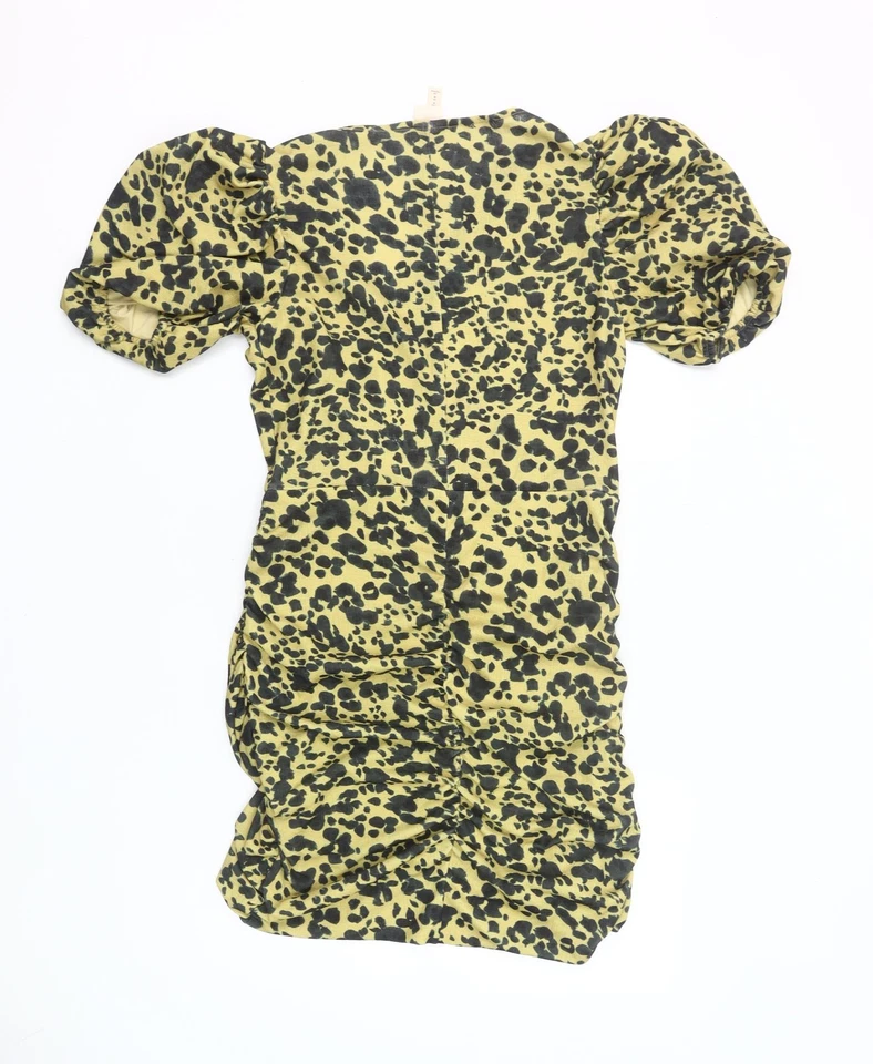 H&M Women Yellow Leopard Print Bodycon Dress Size 12 Short Puff Sleeve - Image 3 of 4