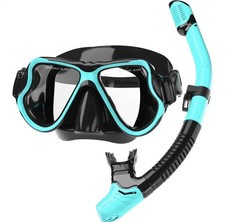 Professional Snorkel Set - Tempered Glass Mask  Dry Top Snorkel - Blue/black