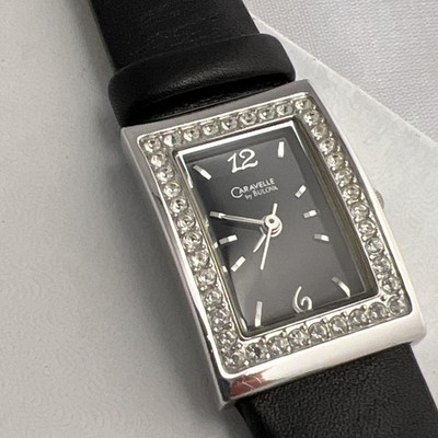 Caravelle By Bulova Watch Women silver Tank Black Leather Band New Battery