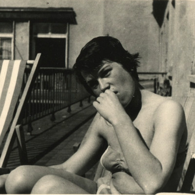 Vintage Photo Moody Summer Portrait Thinking Woman Sunbathing Bikini Balcony