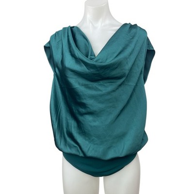 Express Womens Blue Teal Silk Satin Cowl Neck Short Sleeve Blouse Bodysuit Top M