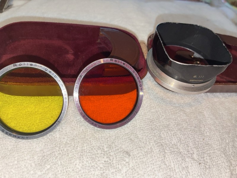 Rolleiflex Bay III Red and Yellow 2.8 twin lens Hood and Leather Case TLR Camera