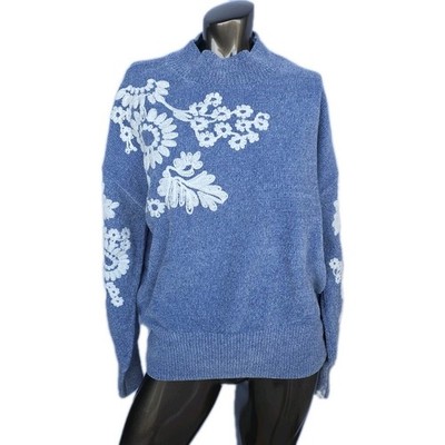 Cynthia Rowley Sweater XL Blue Floral Mock Neck Chenille Knit NWT Cozy Soft