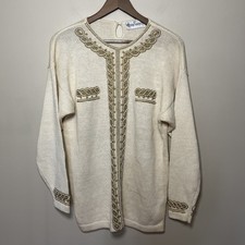 Victoria Harbour Vintage 80s Cream Pearl Embroidery Trim Sweater Large