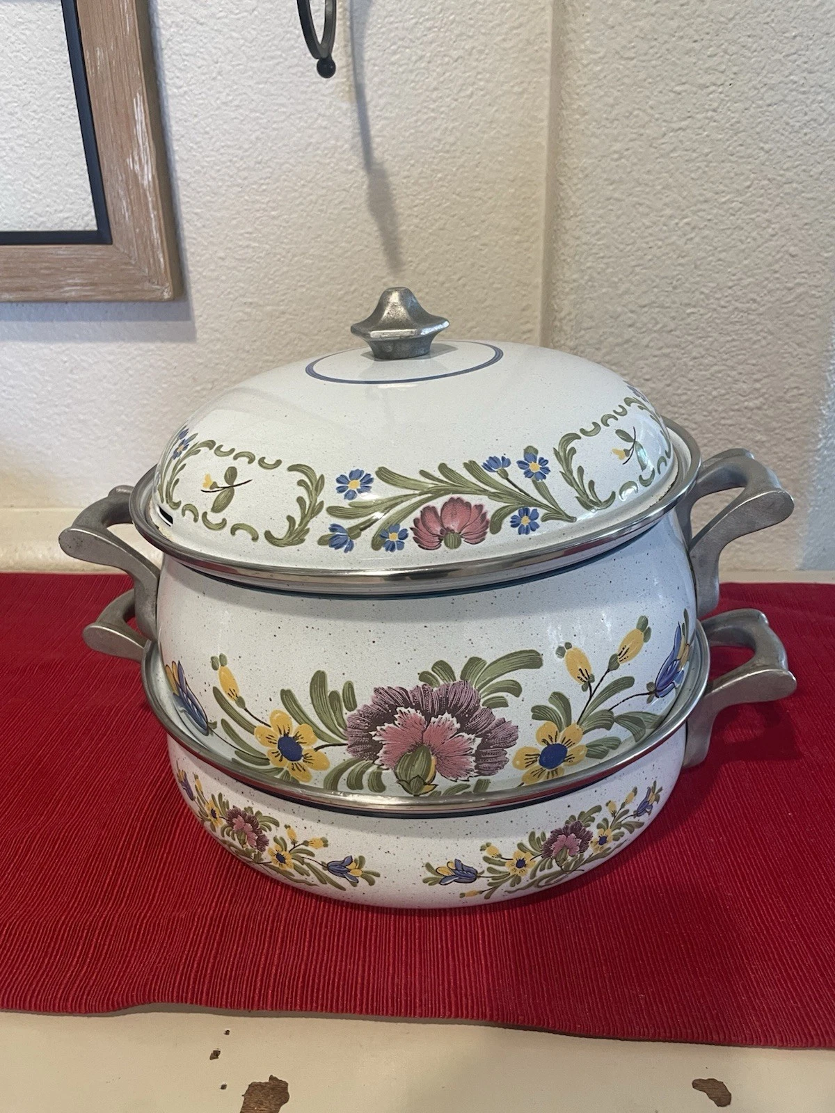 Asta Dutch Oven 3 Qt Floral Enamel Cookware Pot Lid Fissler West Germany Vintage