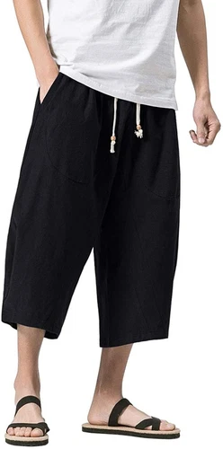 Pantalones capri holgados harén calce suelto cintura elástica 3/4 algodón lino para hombre - Imagen 10 de 24