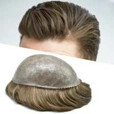 Mens Toupee Human Hair Units Thin Skin Hair System Full Poly PU Hair Replacement