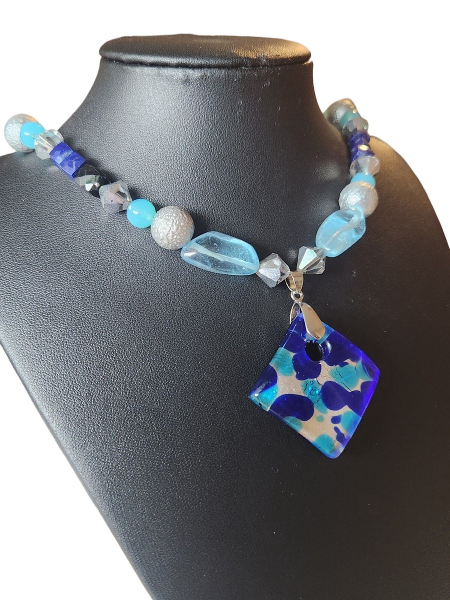 Vintage Signed Blue Murano Glass Pendant Beaded Chain Necklace  View 3