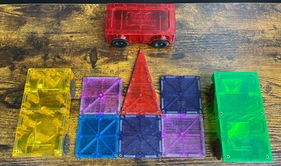 MAGNA Tiles Lot Of 6 Magnetic Assorted Building Pieces W/ 2 CARS & 1 Bonus Car