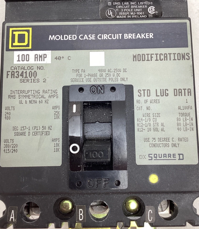 Square D FA34100 I-Line Plug-In Molded Case Circuit Breaker 100 Amp 3 Pole 480 V - Image 2 of 4
