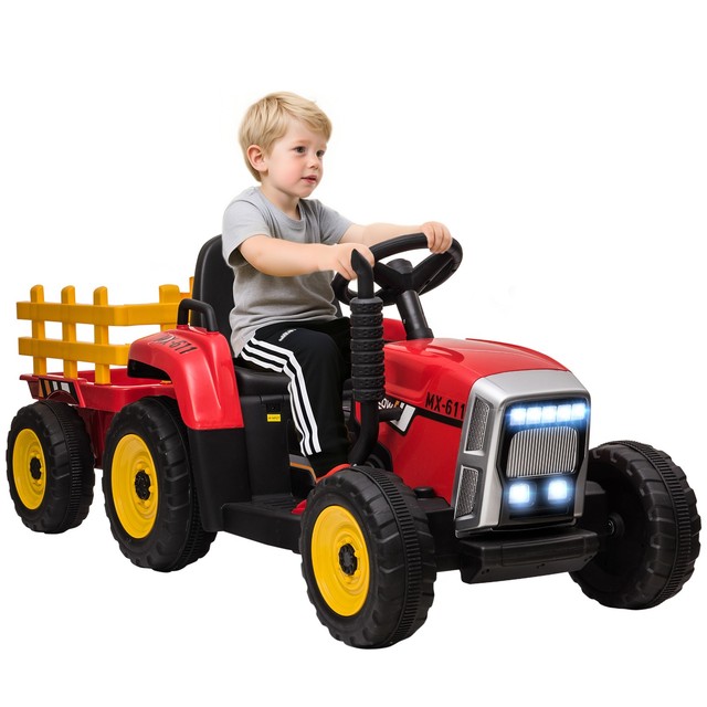 HOMCOM Trattore Elettrico Bambini 3-6 Anni con Rimorchio 12V e Telecomando Rosso