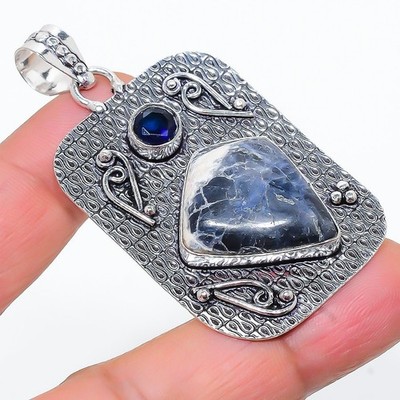 Sodalite, Blue Topaz Gemstone 925 Sterling Silver Jewelry Pendant 2.36'' G082