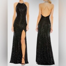 NEW Mac Duggal Sequined High Neck halter Rhinestone Trim Column Gown Sz 4