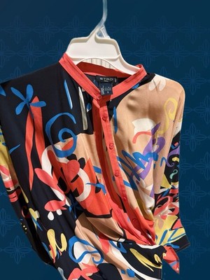 Etro Milano Women's Silk Poncho Scarf Tunic Caftan Black With Abstract Print