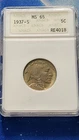 1937S 5c Buffalo Nickel ANACs Soapbox Holder MS 65 ANACs Generation 2 Holder!!