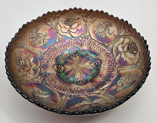 Fenton Iridescent Amethyst Carnival Glass Bowl 8" Dragon & Lotus Flower Pattern